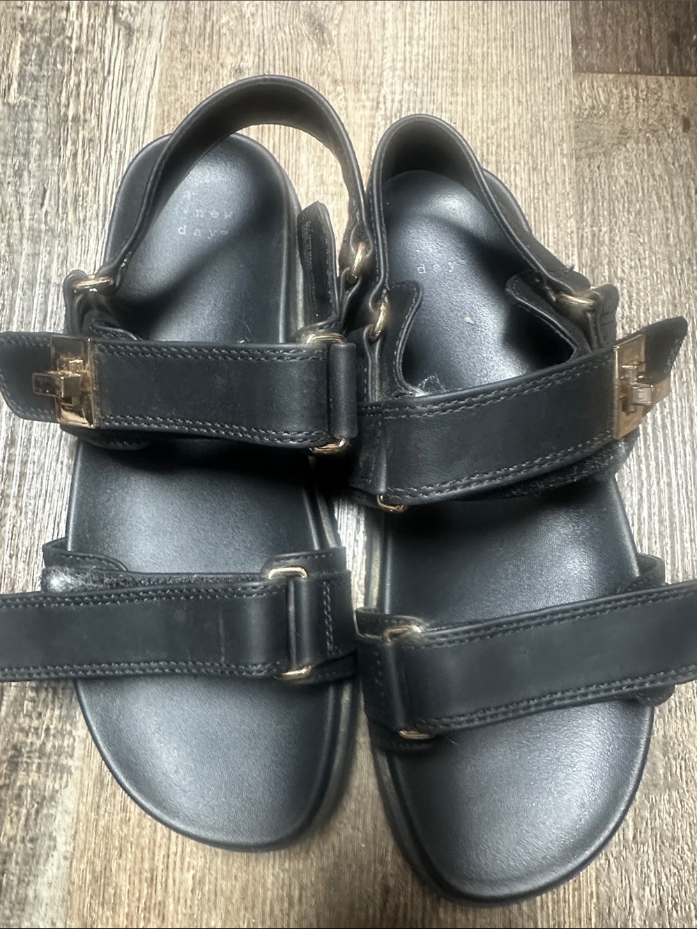 a new day Black Leather Double-Strap Sandals with Gold Accents